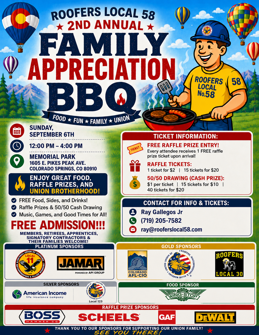 Roofers Local 58 Second Annual Family Appreciation BBQ flyer with date, time, location, raffle information, sponsors, and contact details